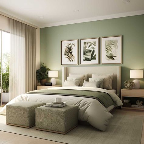 Expert Advice on Bedroom Designing Colour Schemes for Relaxation • 333k+ Inspiring Lifestyle Ideas Relaxing Bedroom Colours, Main Bedroom Colour Ideas, Bed Design Green Colour, Relaxing Master Bedrooms Decor, Bedroom Wall Ideas For Adults, Green Monotone Bedroom, Nuetral Pallete Bedroom With Green, Dulux Green Bedroom Wall Colours, Ideas Dormitorio