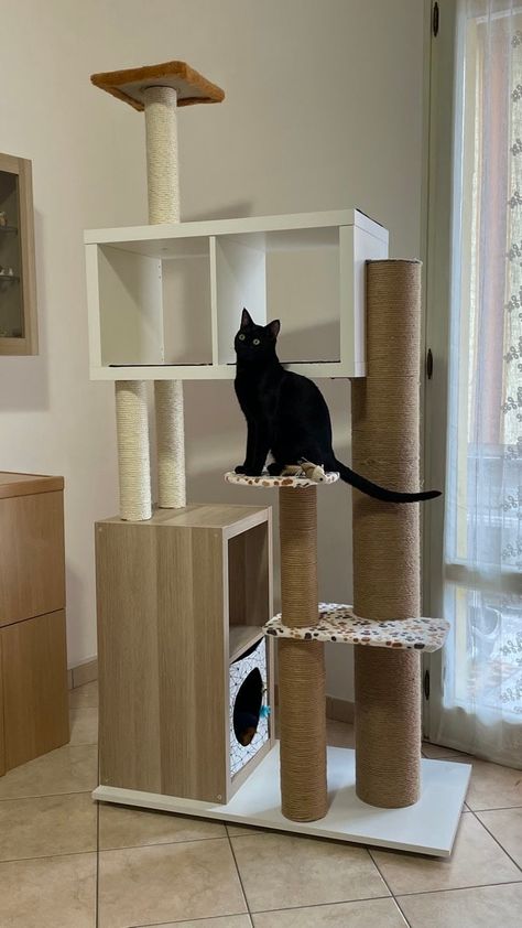 Cat Owner Hacks IKEA KALLAX into Cat-Approved Climbing Tower 7 Build Your Own Cat Tower, Cat Kallax Hack, Ikea Cat Tree Hack, Kallax Cat Tree, Kallax Cat Hack, Ikea Cat Hack, Kallax Cat, Cat Tower Plans, Cat Owner Hacks