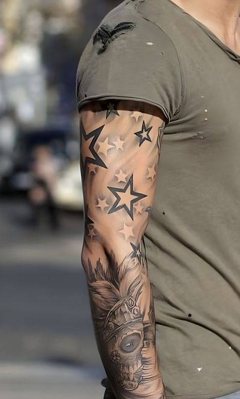 #tattoomen Stars Tattoo For Men On Arm, Star Tattoos For Men On Arm Sleeve, Stars Tattoo Sleeve, Star Forearm Tattoo, Star Tattoo Sleeve, Stars Tattoo For Men, Elbow Tattoo Men, Mens Half Sleeve Tattoo, Star Sleeve Tattoo