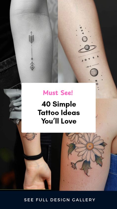 Explore 4 amazing simple tattoo ideas featuring an arrow tattoo, planet tattoos, and a delicate daisy design perfect for anyone looking to embrace minimalism in their ink. Simple And Meaningful Tattoos, Country Tattoos For Women, Cat Paw Tattoos, Simple Tattoo Ideas, Tiny Flower Tattoos, Country Tattoos, Planet Tattoos, Paw Tattoo, Daisy Tattoo