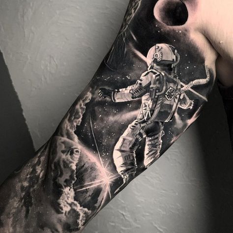 Realistic Astronaut Tattoo, Space Sleeve Tattoos For Guys, Space Tattoo Sleeve Men, Space Leg Sleeve Tattoo, Space Themed Sleeve Tattoo, Astronaut Sleeve Tattoo, Space Sleeve Tattoo Women, Astronaut Space Tattoo, Space Arm Tattoo