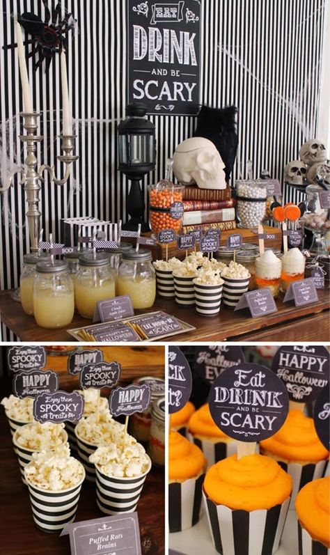 Eat, Drink, & Be Scary Halloween Party with Lots of Really Cute Ideas via Kara's Party Ideas KarasPartyIdeas.com #HalloweenParty #HalloweenP...love the sign Snack Halloween, Halloween Invitaciones, Halloween Chalkboard, Cheap Diy Halloween Decorations, Dulces Halloween, Halloween Party Snacks, Halloween Fest, Halloween House Party, Diy Halloween Decor