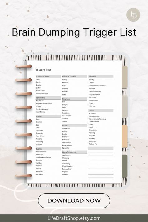 Gtd Trigger List, Trigger List Brain Dump, Trigger List For Planners, Planner Trigger List, Brain Dump Prompts, Brain Dump Trigger List, Brain Dump List, Trigger List, Life Categories