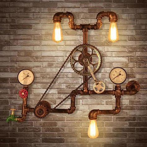 Punk Furniture, Restaurant Wall Lights, Steampunk Door, Industrial Lamp Design, Loft Restaurant, Pipe Wall Lamp, Lampe Steampunk, Steampunk Home Decor, Pipe Lamps