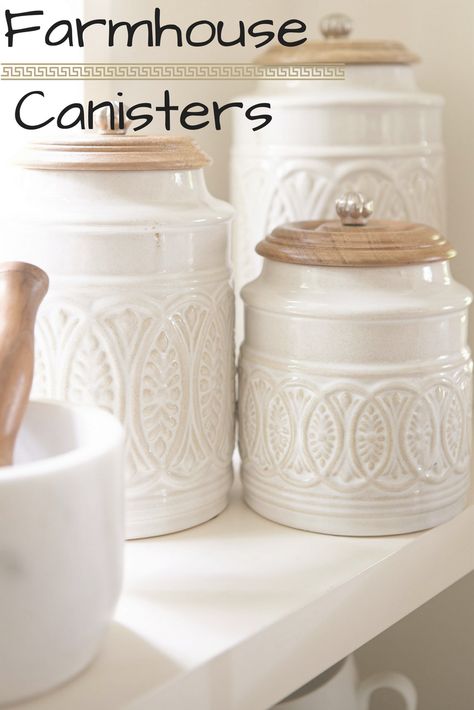 Looking for ways to spice up your kitchen?! Update your sugar and flour containers to these ivory farmhouse canisters. #kitchen #farmhouse #affiliate #homedecor #farmhousedecor Sugar Flour Containers Canister Sets, White Kitchen Canisters On Counter, Sugar And Flour Container, Flour And Sugar Containers, Flour Container Ideas, Farmhouse Canisters For Kitchen, Kitchen Canisters On Counter Display, Kitchen Counter Canisters, Canisters For Kitchen