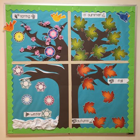 Four seasons bulletin board 4 Seasons Bulletin Board Ideas, Four Seasons Bulletin Board Ideas, Seasons Classroom Display, Season Board Preschool, Seasons Display Ks1, Season Display Board Eyfs, Art Gallery Display Eyfs, Seasons Display Board, Season Display Board