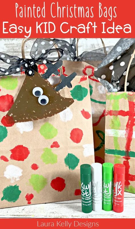 Easy Christmas Kid Craft Painted Gift Bags to Make at a Classroom Christmas Party or at Home #christmas #kidcraft #paintedwrappingpaper #giftbags Diy Christmas Bags For Kids, Diy Christmas Gift Bags For Kids, Decorate Gift Bags Diy, Painted Gift Bags, Easy Kids Christmas, Classroom Christmas Party, January Classroom, Painted Christmas Gifts, Toddler Class