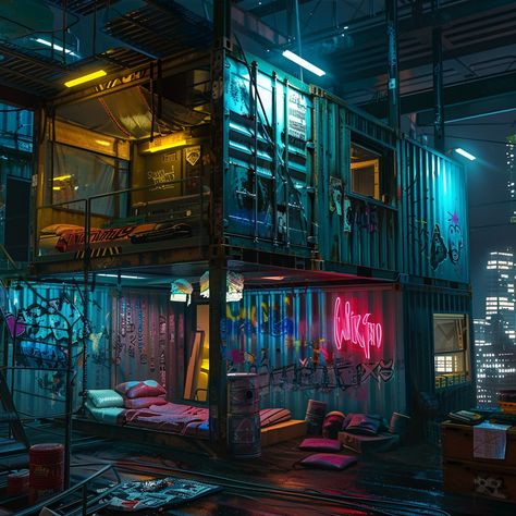 Cyberpunk Basement, Apocalypse House Aesthetic, Cyberpunk Underground, Apocalypse Room, Cyberpunk School, Cyberpunk Story Ideas, Cyberpunk Store, Cyberpunk Building Concept Art, Cybergrunge Aesthetic