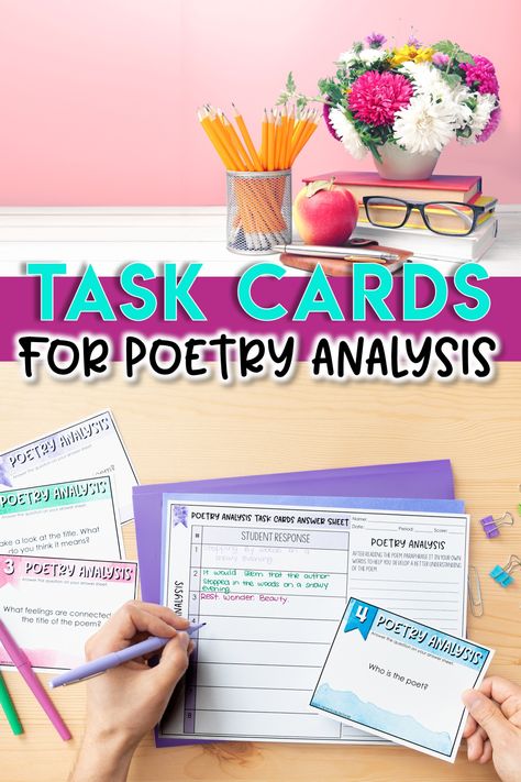 Task cards for analyzing any poem. Five poetry activities to try in the classroom. Incorporate these fun and engaging poetry activities in your classroom this school year. From sticky note poetry analysis to poetry mini-flip books, to poetry task cards, poetry teaching ideas will help you create the perfect poetry unit! Teaching poetry | secondary ELA | poetry activities | poetry teaching unit | middle school poetry | high school poetry | poetry analysis activities | teaching poetry analysis Poetry Activities Middle, Poetry High School, Middle School Poetry, Poetry Classroom, Fun Poetry Activities, High School Poetry, Analyzing Poetry, Poetry Comprehension, School Poetry