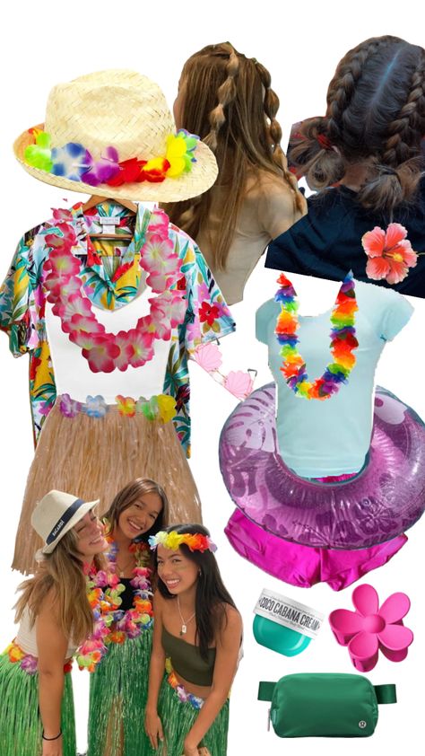 Hawaiian football outfit theme preppy Hawian Themed Outfits, Hawaiian Themed Outfits, Church Camp Outfits, Football Season Outfits, Luau Outfits, Football Outfit, Halloween Parejas, Spirit Week Outfits, Cute Group Halloween Costumes