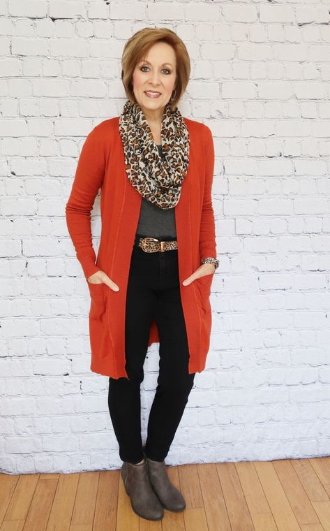 Pumpkin Cardigan Duster, Gray Ankle Boot, Animal Print, Charcoal Top, Old Navy Black Jeans, Over 50 Fashion, 50 With Flair Fall Winter Outfits Over 50, Fall Outfits Women Over 50 Classy, Women Over 50 Fashion, 50 Style, Spring Look, 40 Fashion Women, Clothes For Women Over 50, Over 60 Fashion, Fashion For Women Over 40