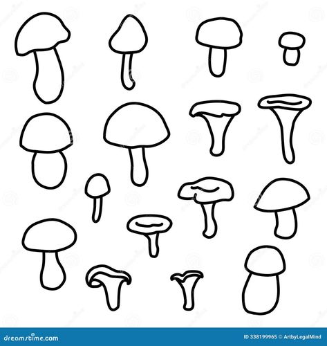 A set of autumn mushrooms. Simple icons are outlined in a doodle abstract style. Suitable for coloring pages, decor, logos. A black and white clipart of mushroom silhouettes. Doodle Abstract, Doodle Simple, Autumn Mushrooms, Black And White Clipart, Outline Fonts, Abstract Animal Art, Mushroom Drawing, Simple Abstract, Doodle Cartoon