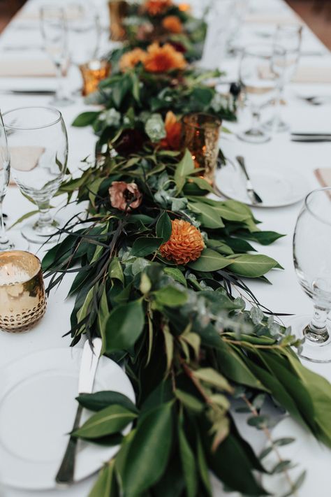 Greenery Wedding Fall, Moody Fall Floral Arrangements, Orange Dahlia Centerpiece, Fall Floral Design, Fall Wedding Tablescapes Long, August Wedding Decor, October Wedding Florals, Fall Wedding Greenery, Fall Table Garland