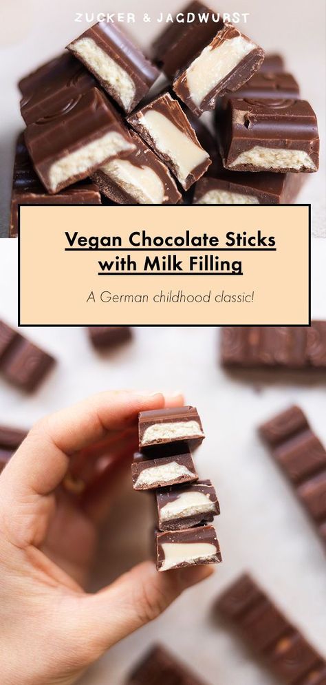 This recipe for vegan Kinder Riegel is simple and requires just a few ingredients. With the classic milk cream and a crunchy vegan milk chocolate coating. Simply make this German childhood classic by yourself! Vegan Coconut Recipes, Vegan Chocolate Recipe, Vegan Chocolate Recipes Healthy, Kinder Recipes, Vegan Cookie Recipes, Homemade Vegan Chocolate, Vegan Snack Ideas, Vegan Easy Recipes, How To Make Milk Chocolate Homemade