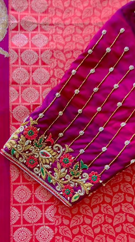 Magenta Color Aari Work Blouse, Maggam Work Hands Design, New Hand Work Designs Blouse, Bandhini Blouse Designs Latest, Blouse Maggam Works, Maggam Cutwork Blouse Designs, Tread Work Blouse Designs, Simple Maggam Work Designs, Simple Maggam Work Blouses