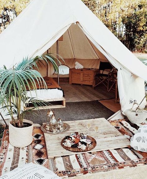 boho glamping #style #summer Glamping Inspiration, Boho Outdoor Space, Summer Traditions, Glamping Tent, Bohemian Outdoor, Boho Outdoor, Backyard Camping, Canvas Tent, Bell Tent