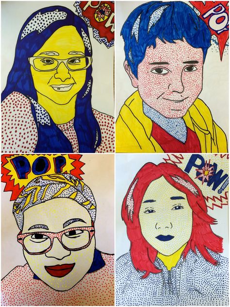 6th Grade Roy Lichtenstein Self Portraits Art Elementary, Portraits Pop Art, 7th Grade Art, 8th Grade Art, Middle School Art Projects, Art Lessons Middle School, 6th Grade Art, 5th Grade Art, Self Portraits