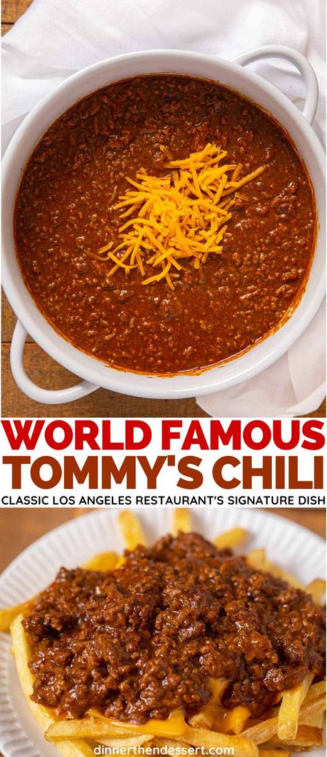 Spot on replica of spicy, meaty Tommy's Chili, a true Los Angeles Favorite! #chili #copycatrecipes #tommys #tommyschili #cheesy #restaurantchili #dinnerthendessert Hamburger Meat Chili Recipes, Sunday Chili Recipe, Copycat Wolf Brand Chili, Original Tommy’s Chili Recipe, Copycat Krystal Chili Recipe, 3 Way Chili Spaghetti, Coney Chili Recipe, Chili Parlor Chili 12 Tomatoes, Firehouse Subs Chili Recipe