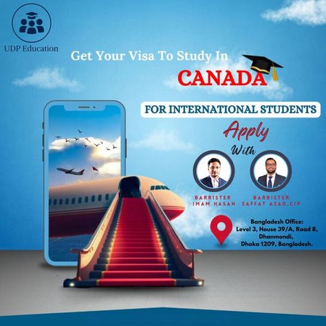 Get Professional One Stop Advice from Study Visa to Citizenship from Australian and British Barristers and Immigration Lawyers. UDP Education is an Australian owned and operated leading Educational and Immigration Consultant with offices in Australia, England, Bangladesh and India. We are operated by prominent Australian and British Barristers with years of experience in Education Consultancy and Immigration Law and they are available to support you throughout your journey to study, work and... Canada Study Visa Creative Ads, Ielts General, Canada Study Visa, Study Abroad Travel, Canada Study, Study In Canada, Digital Advertising Design, Immigration Consultant, Real Estate Advertising