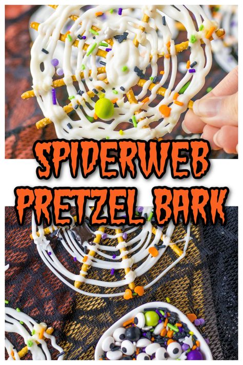 halloween bark, halloween snacks, halloween treats to make with kids, no bake halloween dessert, no bake halloween treat, pretzel bark, spiderweb bark Spiderweb Pretzels, Pretzel Bark, White Chocolate Pretzels, Halloween Sprinkles, Salty Treats, Easy Treat, Pretzel Sticks, Chocolate Candy Melts, Almond Bark