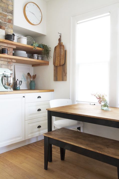 Things that I did Last Year. Farmhouse Kitchen Table Diy, Diy Table Makeover, Diy Open Shelving, Ikea Dining Table, Ikea Dining, Diy Kitchen Table, Kitchen Table Makeover, Amy Howard, Farmhouse Kitchen Tables