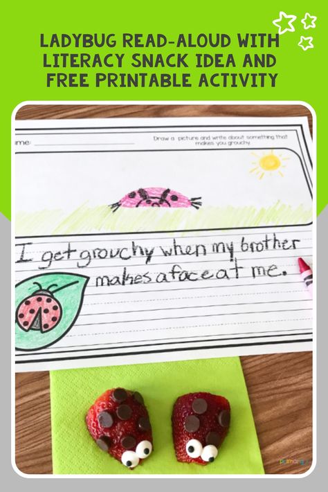 Grab our FREE printable and see our snack idea to use with The Very Grouchy Ladybug. It’s a great addition to your spring read-aloud collection.  #grouchyladybug #kindergarten #literacysnack Grouchy Ladybug Craft, Ladybugs Kindergarten, Grouchy Ladybug Activities, Ladybug Snacks, Ladybug Activities, Book Themed Activities, Ladybug Craft, Grouchy Ladybug, Spring Reading