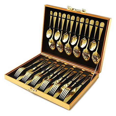 Gold Silverware Set,  24-Pieces Superior Stainless Steel Flatware Set, Service of 6 Copper Silverware, Rose Gold Silverware, Unique Wooden Boxes, Rose Gold Flatware, Gold Silverware, Gold Cutlery Set, Wooden Box Designs, Gold Spoon, Gold Cutlery