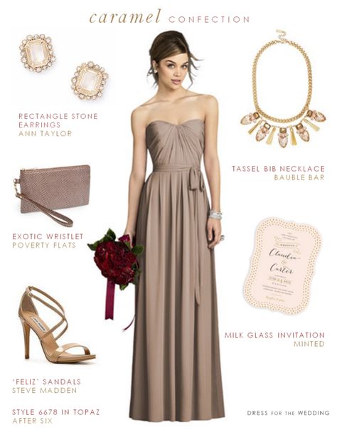 Taupe Bridesmaid Dress  --  Dress: After Six  // Earrings:  Ann Taylor // Necklace: Bauble Bar  // Invitation: Minted //  Sandals: DSW // Wristlet: Nordstrom Taupe Dress Outfit, Lavender Bridesmaid Dresses Long, Taupe Bridesmaid, Taupe Bridesmaid Dresses, Bridesmaid Dresses Under 100, Lilac Bridesmaid Dresses, Bridesmaids Dress Inspiration, Taupe Dress, Fall Bridesmaid Dresses