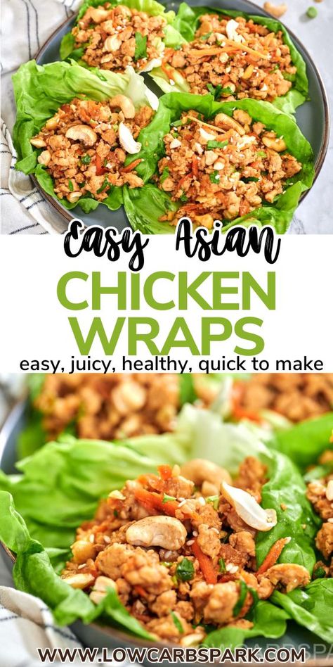 These Asian chicken lettuce wraps are full of juicy ground chicken and crunchy veggies, all wrapped in a crisp piece of lettuce. They hit the perfect balance of sweet, savory, and spicy. Plus, they’re ready in just 20 minutes. They're easy, healthy, and might just become your new favorite meal. Healthy Asian Chicken, Easy Chicken Lettuce Wraps, Easy Asian Chicken, Asian Chicken Wraps, Thai Chicken Lettuce Wraps, Easy Lettuce Wraps, Lettuce Wraps Healthy, Asian Chicken Lettuce Wraps, Asian Lettuce Wraps