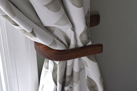 Minimalist Curtain Holdback, Walnut Curtain Tie Back, Curved Floating Curtain Holder, Window Curtain Holder Wood Curtain Holder, Curtain Holders Ideas Hooks, Floating Curtains, Diy Curtain Holdbacks, Curtain Holdback, Minimalist Curtains, Neutral Curtains, Wooden Tie, State College Pa