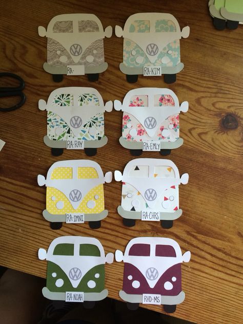 VW Bus Door tags  #ralife #RA #doortags College Door Decs Cricut, Dorm Room Name Tag Ideas, Dorm Room Name Signs Doors, Vw Bus Bulletin Board, Dorm Room Name Tags, Ra Dorm Door Decorations Name Tags, Dorm Door Signs Names, College Dorm Door Decorations Name Tags, Door Decks Ra