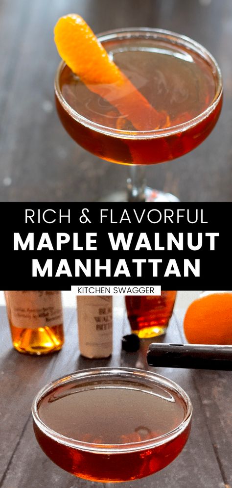 Indulge in the quintessential fall flavors with our maple walnut Manhattan cocktail recipe! Made with premium bourbon, natural maple syrup, rich black walnut bitters, and garnished with a zesty orange peel, this cocktail is perfect for autumn nights by the fire. Impress your guests with this sophisticated, yet easy-to-make cocktail that boasts a perfect balance of sweet and savory flavors. Pecan Bitters Recipe, Walnut Bitters Cocktail, Fall Manhattan Cocktail, Black Walnut Bitters Cocktails, Savory Cocktail Recipes, Fall Bourbon Cocktails, Manhatten Cocktail, Black Walnut Bitters, Walnut Bitters