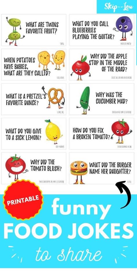 These printable food jokes are super corny and will fill you up with laughter! pun intended.#jokes #funnyjokes #printables Breakfast Jokes, Children Jokes, Funny Food Quotes, Funny Food Jokes, Funny Puns For Kids, Food Quotes Funny, Food Jokes, Lunchbox Jokes, Bento Lunches