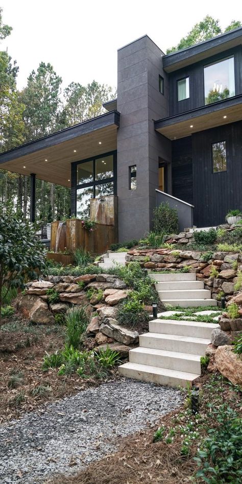 Tour a Woodsy Georgia Showhouse and Get Amazing Designer Tips | HGTV Modern Woodsy Home Exterior, Woodsy Modern Home, Woodsy Landscape Ideas, Woodsy House Interior, Modern Woodsy Home, Contemporary Mountain Home Exterior, Mountain Home Aesthetic Exterior, Mountain Contemporary Home Exterior, Modern Lodge Style Home Exterior