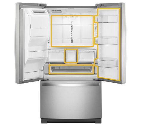 Whirlpool® French Door Refrigerator with doors open Whirlpool Refrigerator Organization, Whirlpool Fridge Organization, French Door Refrigerator Organization, French Door Fridge Organization, Open Fridge, Whirlpool Fridge, Food Storage Ideas, Kitchenaid Refrigerator, Double Door Fridge