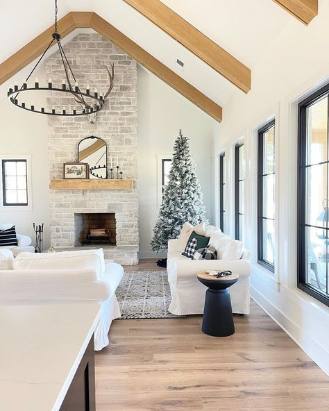 Vaulted Ceiling Beams, Cathedral Ceiling Living Room, Stone Fireplace Wall, Beams Living Room, Vaulted Ceiling Living Room, Modern Farmhouse Living, Modern Farmhouse Living Room, Fireplace Wall, Living Room With Fireplace