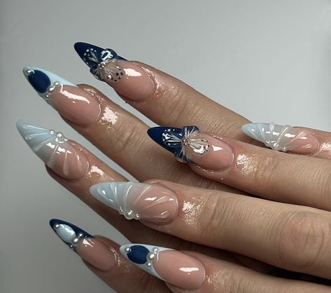 Blue Floral Nails Acrylic, Blue Almond Nails Ideas, Natural Aura Nails, Christmas Nails Blue And Silver, Silver And Dark Blue Nails, Douyin Nails Blue, Dark Blue Flower Nails, Blue Blooming Gel Nails, Light Blue Stiletto Nails