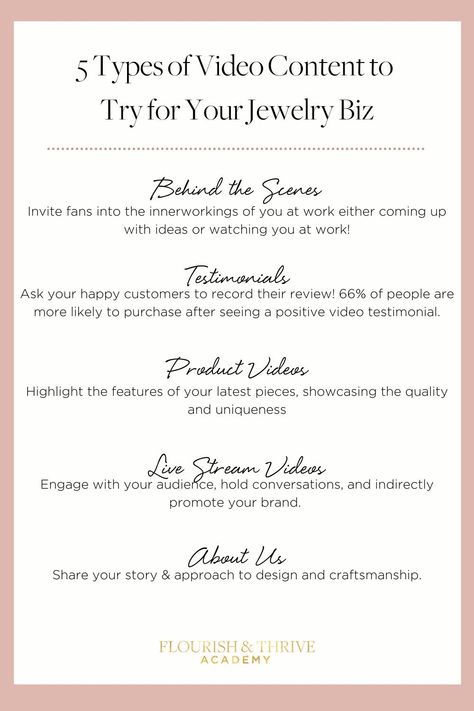 Need some video content ideas for your jewelry business or creative biz? Check out these small business marketing tips! Instagram Bio Ideas For Jewelry Business, Instagram Bio For Accessories Page, Successful Jewelry Business, Marketing Jewelry Ideas, Selling Jewelry Online Small Businesses, How To Start A Jewellery Business, Content For Jewelry Business, This Or That Jewelry Edition, Jewelry Business Branding