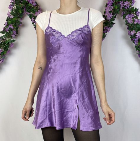 Purple Slip Dress Outfit, Purple Slip Dress, Slip Dress Outfit, Emo 2000s, Oc Outfits, Fits Inspo, Mens Vests, Style Clothes, Dress Outfit