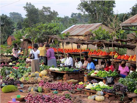 An African Market Scene in rural Ghana: Check all the fresh produce! African Market Scene, St Kitts Island, Rv Cooking, Jean Haines, Fruits And Vegetables Pictures, Market Scene, Mother Africa, African Skies, Vegetable Pictures