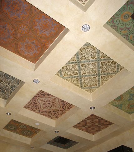 Tile Patterns from Floor to Ceiling - Paint + Pattern Heritage Ceiling Design, Ceiling Pattern Design, Pattern On Ceiling, Decorative Ceiling Ideas, Carpet Ceiling, Mosaic Ceiling, Ceiling Pattern, Tile Ceiling, Hallway Ceiling