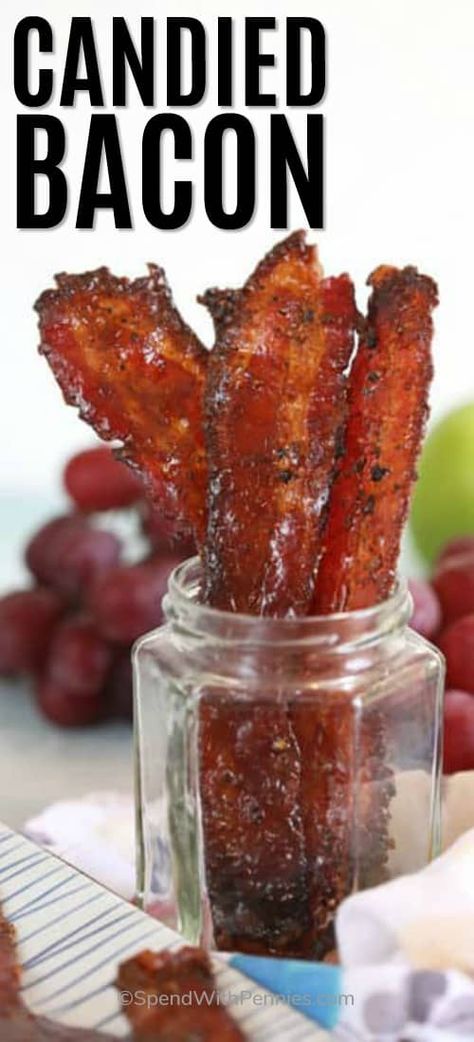 This easy candied bacon recipe is a sweet and savory treat. Made with just 3 ingredients it is quick to prepare and makes for a great appetizer, snack, or even breakfast side!  #spendwithpennies #candiedbacon #baconrecipe #ovenbaked #appetizer #breakfast #dessert Candied Bacon Recipe, Pastas Recipes, Bacon Appetizers, Bacon Recipe, Breakfast And Brunch, Meat Appetizers, Kevin Bacon, Candied Bacon, Recipe Community