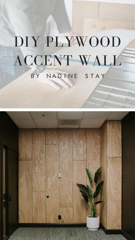 Before and After Reveal! Transforming this basic office space into a stunning modern feature wall. Plywood oak wood accent wall against black walls. DIY plywood accent wall tutorial by Nadine Stay. Recreate this look in your home, office, bedroom, or storefront. #homeremodel #homerenovation #homeupdates #modernhome #modernoffice #woodwall #shiplap #beforeandafter #blackandwhite #oakwood #accentwall Plywood Feature Wall Bedroom, Slanted Wood Wall, Plywood Wall Bedroom, Temporary Wood Wall, Luan Wood Wall, Plyboard Wall Panel, Ply Feature Wall, Finished Plywood Walls, Plywood On Walls