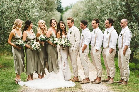 Tan Groomsmen Suits With Olive Green Bridesmaids, Sage Wedding Colors Groomsmen, Moss Green And Taupe Wedding, Sage Suit Groom, Bridesmaid Dresses Matching Groomsmen, Sage Green Wedding Bride And Groom, Moss Green Groomsmen Attire, Olive Green And Tan Wedding Party, Tan Groomsmen Suits With Green Bridesmaids