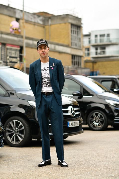 Boxy Denim Jacket, Teal Suit, Pastel Jacket, London Fashion Week Mens, Black Overcoat, London Fashion Week Street Style, Straight Cut Jeans, Wool Overcoat, Honky Tonk