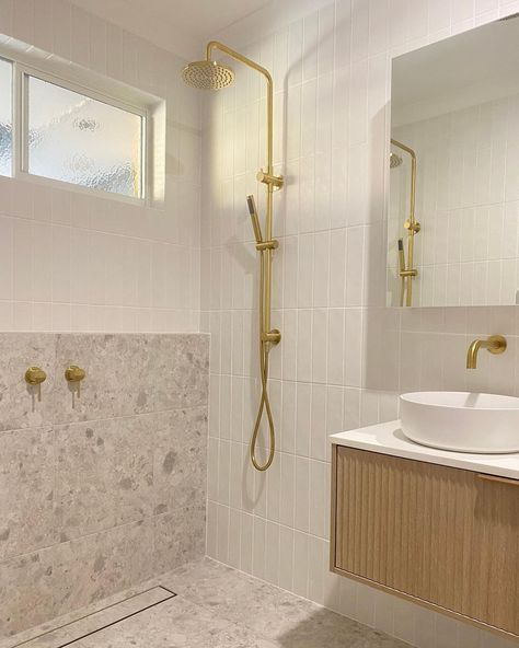 Terrazo Tiles Bathroom, Terrazzo Tile Bathroom, Terrazzo Bathroom Floor, Terrazzo Bathroom Design, White Terrazzo Tile, Bathroom Terrazzo, Brushed Brass Tapware, Brass Tapware, Terrazzo Bathroom