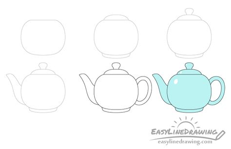 How to Draw a Teapot Step by Step - EasyLineDrawing How To Draw A Tea Cup, How To Draw A Tea Pot, Tea Set Drawing, How To Draw A Teapot, Cute Teapot Drawing, How To Draw A Teapot Step By Step, Tea Pot Outline, Teapot Drawing, Draw Objects