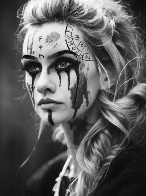 Nordic Face Tattoo, Viking Woman Tattoo Design, Viking Shield Maiden Tattoo, Viking Women Tattoo, Viking Girl Tattoo, Female Viking Tattoo, Viking Face Tattoo, Viking Woman Tattoo, Warrior Girl Tattoo