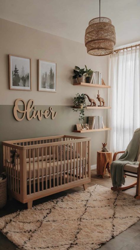 Woodland-themed baby boy nursery with natural wood decor, green accents, and cozy textures. Office Nursery Combo Ideas, Cute Neutral Nursery Ideas, Muted Nursery Colors, Cute Simple Nursery Ideas, In Bedroom Nursery, Sage And Tan Nursery, Baby Room Office Combo, Neutral Green Nursery Ideas, Noahs Arc Themed Nursery