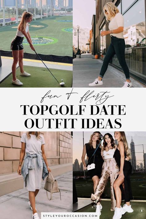 Looking for Top golf outfit ideas? If you are going to Topgolf for a casual time with friends, a date, or a party, here are some great casual (and dressier) ideas for summer, fall, winter, and spring! (Top golf outfit date ideas, top golf outfits women) Cute Top Golf Outfits, Putt Putt Outfit Date, Top Golf Outfits Women, Topgolf Date Outfit, Outfits For Topgolf, Top Golf Date Outfit, What To Wear To Topgolf, Outdoor Date Outfit, Top Golf Outfit